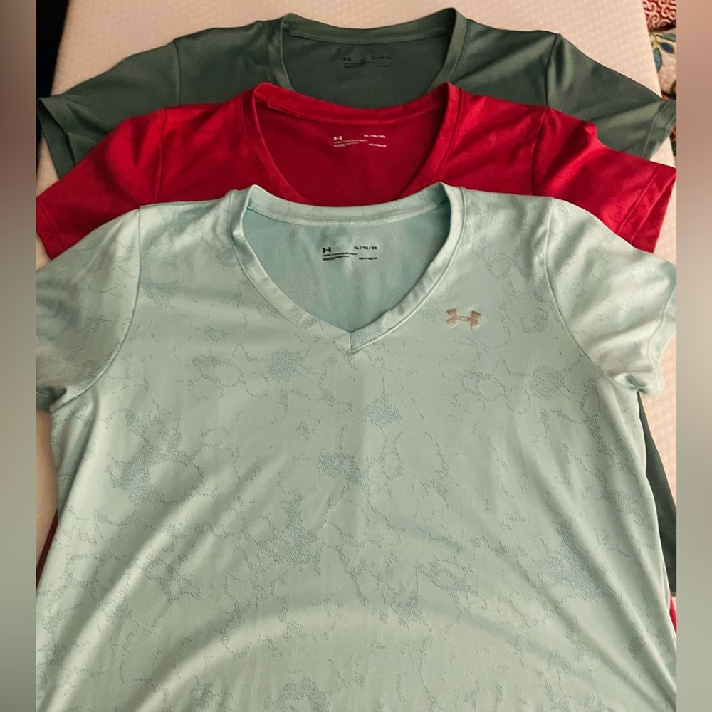 Under Armour Women's V-Neck Textured Tee Trio - Light Blue, Red, Sage Green